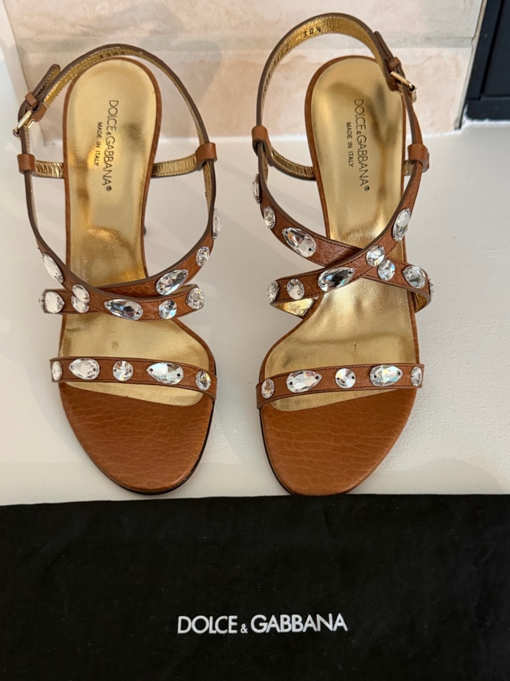 Dolce & Gabbana Brown Leather Swarovski Crystal Embellished Women's Sandals D&G